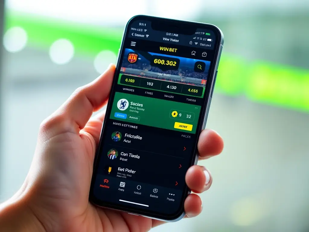 A mobile phone displaying the 199 Win Bet app interface with a live soccer match and betting options visible, showcasing the real-time betting experience.